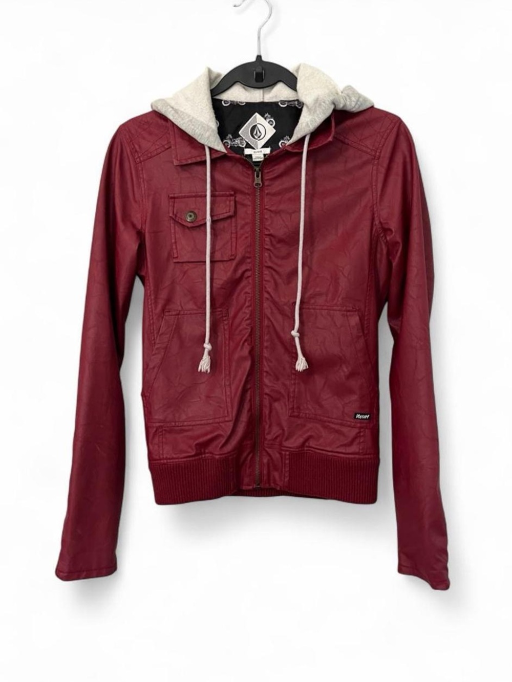 Volcom Burgundy Faux Leather Hooded Jacket Size XS